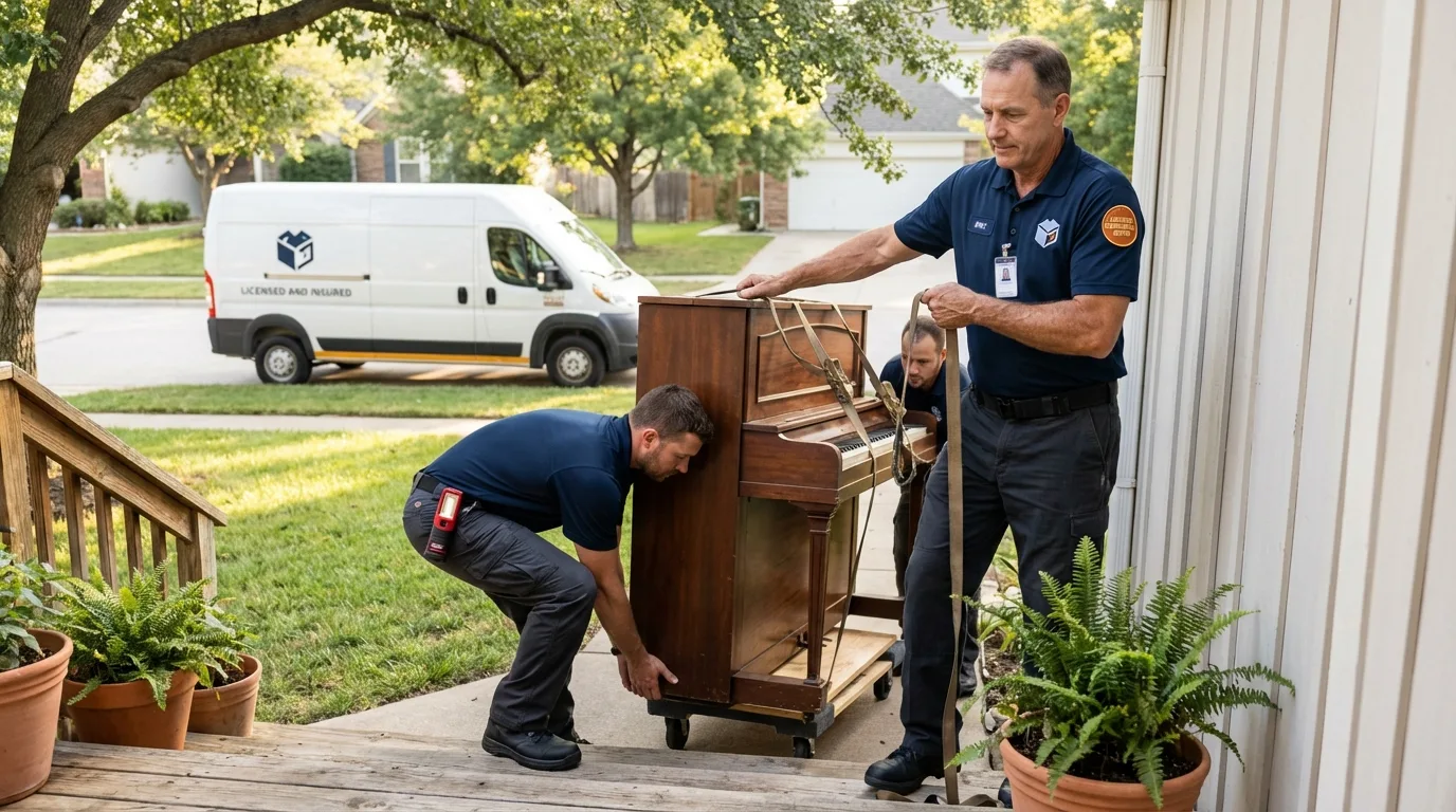 Licensed piano movers securing grand piano in Willoughby, OH