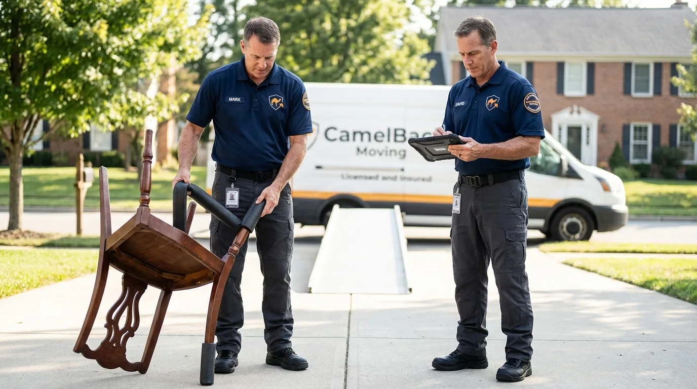 Movers inspecting furniture for damage prevention before loading in Willoughby, OH