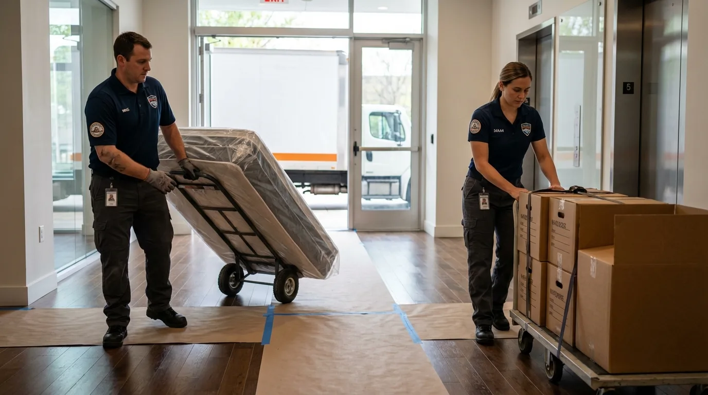Professional apartment movers loading elevator in Willoughby, OH
